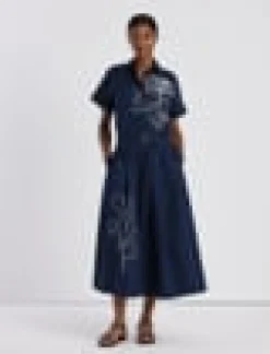 Embroidered Rose Organic Cotton Poplin Shirtdress