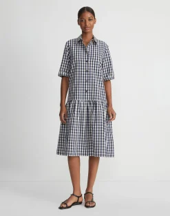 Gingham Crinkle Cotton-Linen Drop Waist Shirtdress