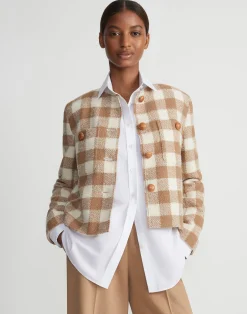 Gingham Wool Collarless Buttoned Jacket