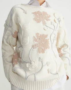 Hand-Embroidered Flora Bloom Cotton-Wool Chainette Sweater
