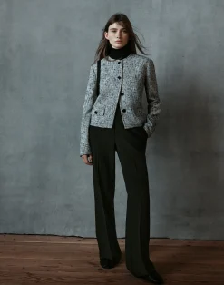 Linen-Cotton Bouclé Tweed Collarless Buttoned Jacket