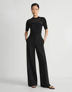 Merino-Silk Ribbed Sheer Yoke Sweater