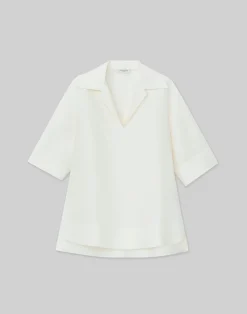 Silk-Linen Collared Popover Blouse