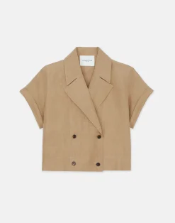 Silk-Linen Double Breasted Cropped Shirt Jacket