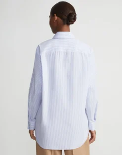 Stripe Cotton Poplin Button Sleeve Oversized Shirt